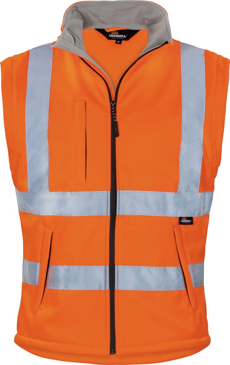 Vizwell Warnschutz Softshelljacke Leuchtorange Vorderseite ohne Aermel