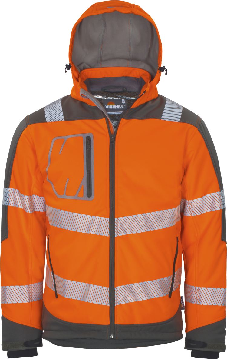 Vizwell Winter Kontrast Softshelljacke Leuchtorange Grau Vorderseite 1