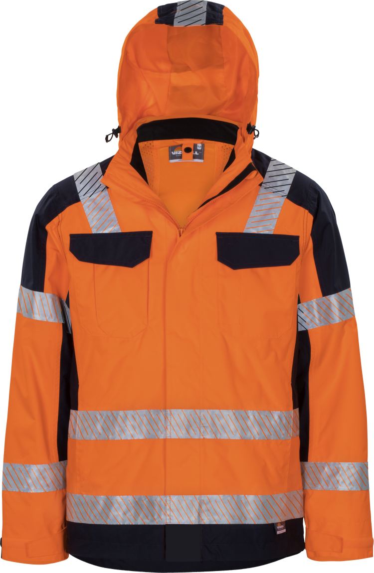 Vizwell Warnschutz Kontrast Aussenjacke Leuchtorange Marine Vorderseite 1