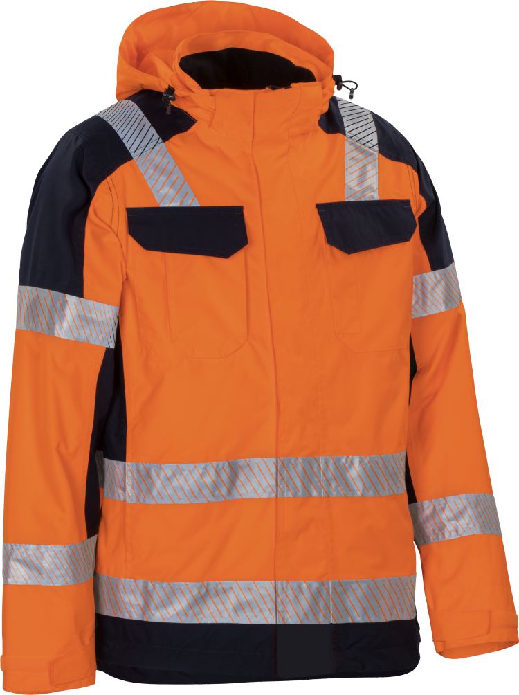 Vizwell Warnschutz Kontrast Aussenjacke Leuchtorange Marine Vorderseite 2