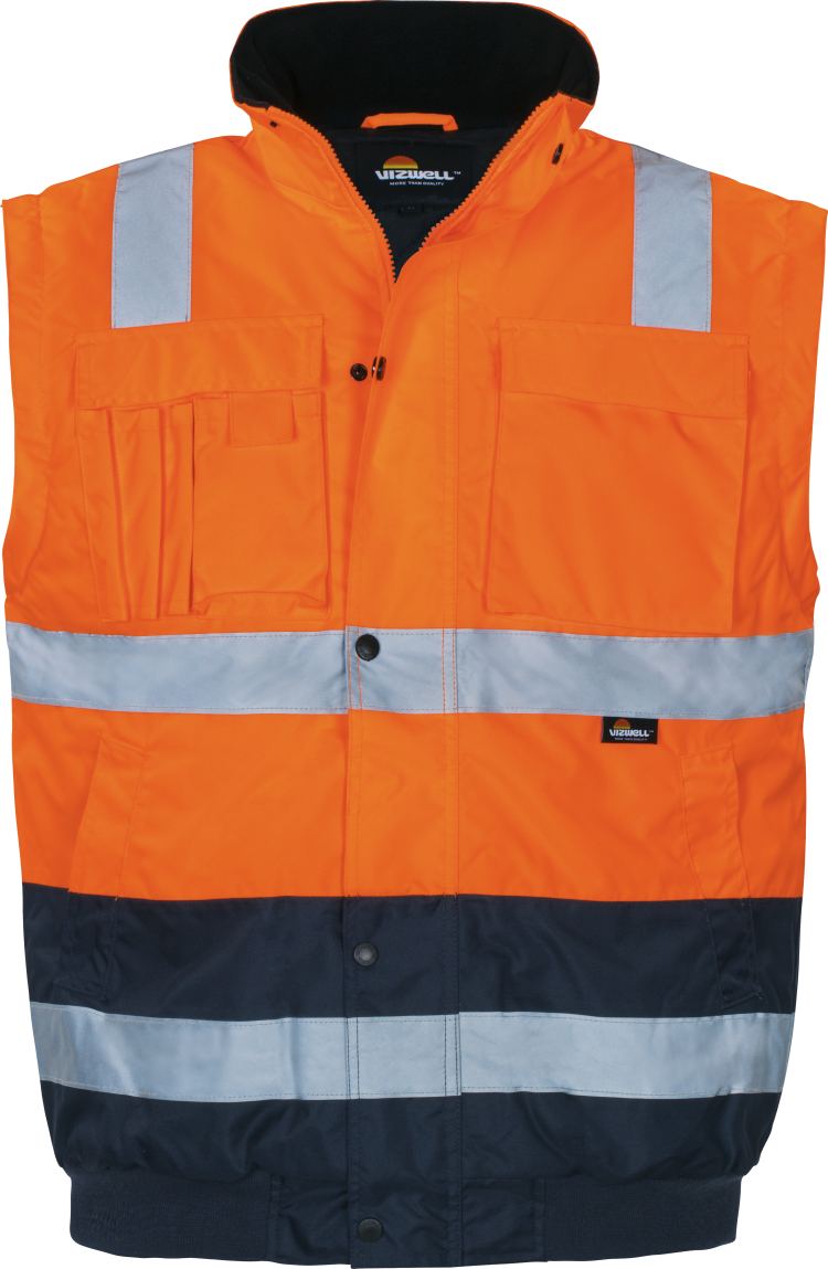 Vizwell Pilotenjacke VW60CBO Leuchtorange Marine Vorderseite ohne Aermel