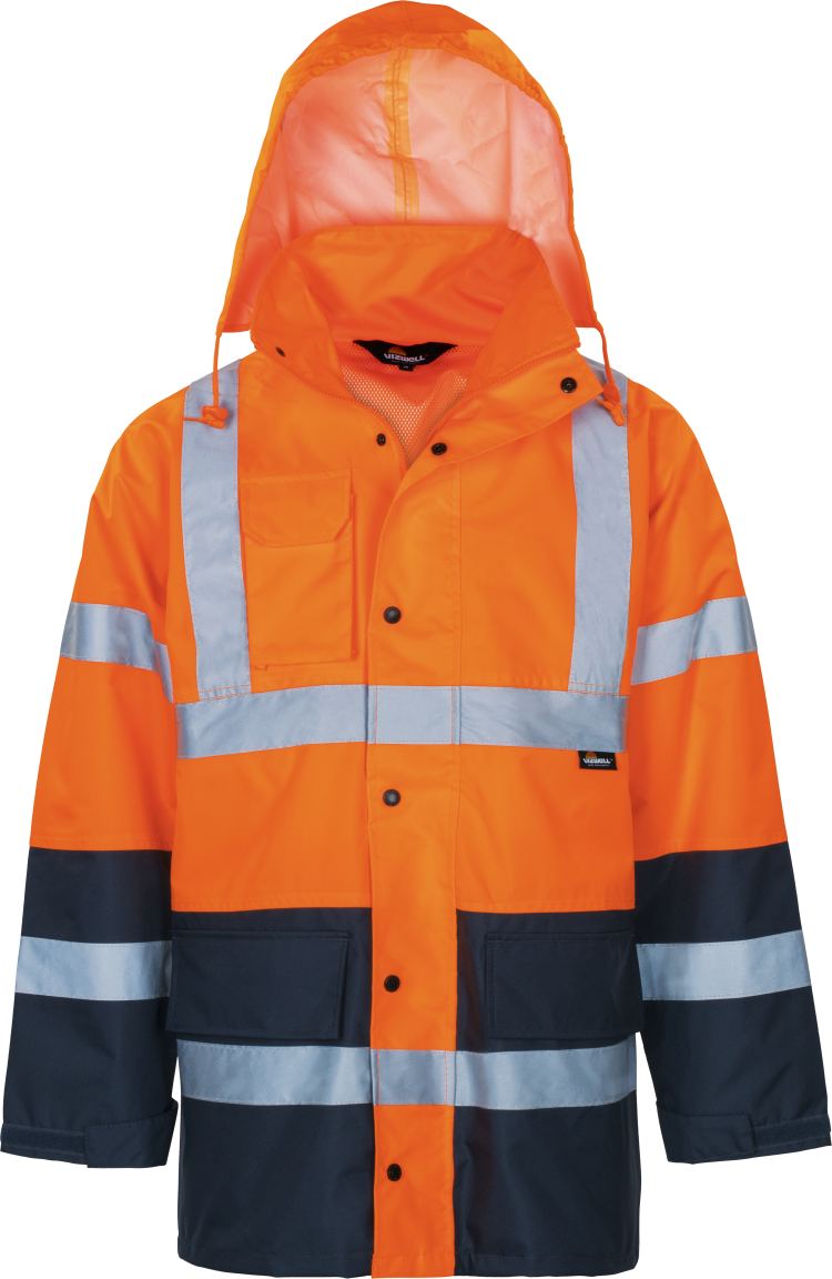 Vizwell Warnschutz Kontrast Regenjacke Leuchtorange Marine Vorderseite 1