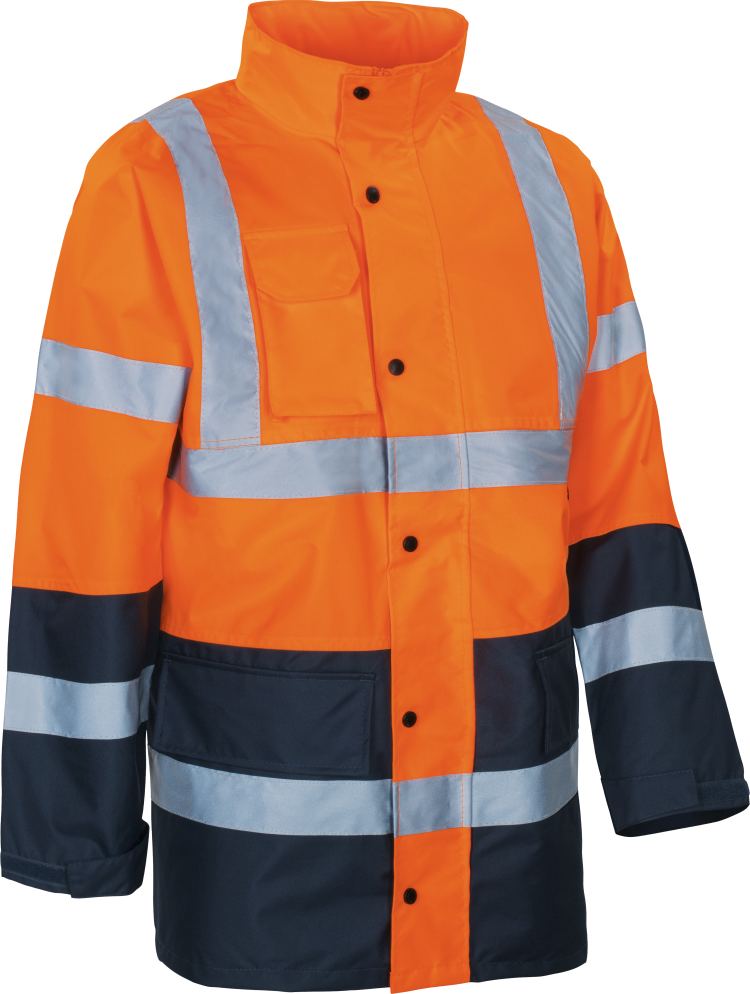 Vizwell Warnschutz Kontrast Regenjacke Leuchtorange Marine Vorderseite 2