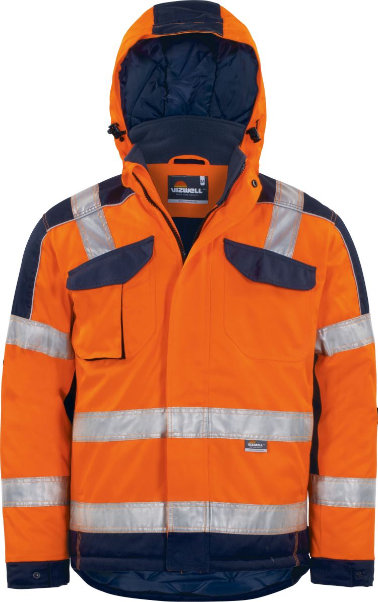 Vizwell Warnschutz Kontrast Jacke Leuchtorange Marine Vorderseite 1