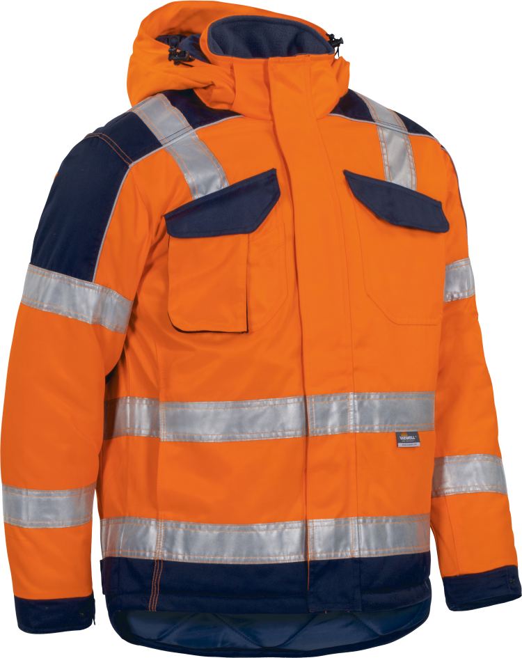 Vizwell Warnschutz Kontrast Jacke Leuchtorange Marine Vorderseite 2