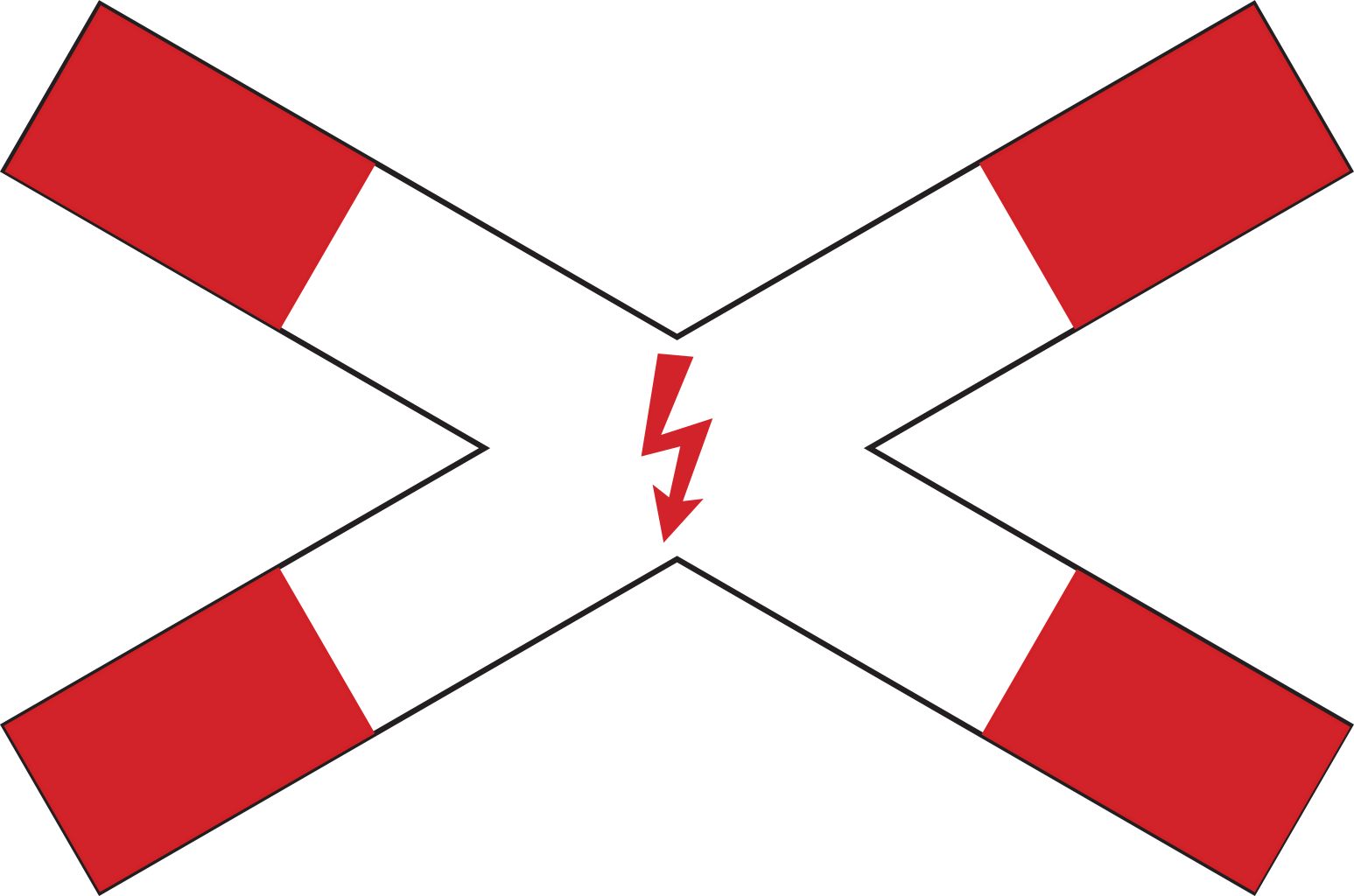 VZ 201-53 Andreaskreuz, liegend, mit Blitzpfeil