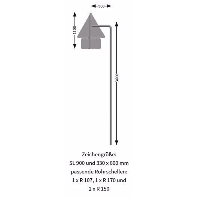 Ausleger-Rohrpfosten für Dreieck SL 900 und Rechteck 330 x 600 mm - Abmessungen