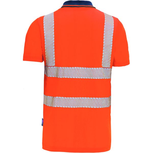 Vizwell Warnschutz-Polo-Shirt VPW311, UPF 50+, leuchtorange-marine - Produktfoto Rückansicht