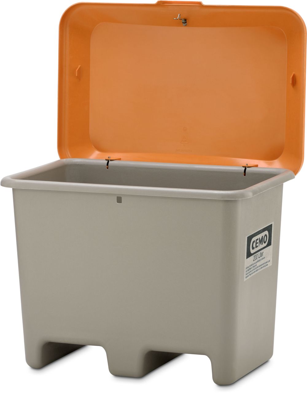 CEMO Streugutbehälter Plus3, mit Staplertasche, 200 Liter Inhalt Abmessung: 89 x 60 x 69 cm, Farbe: grau / orange - Behälter offen